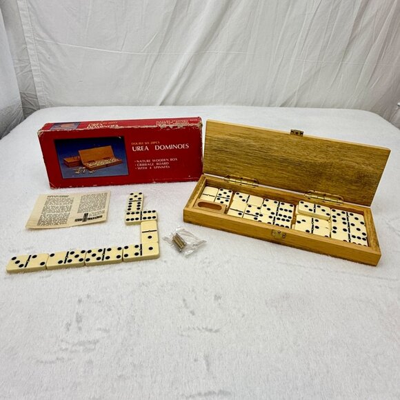 Vintage Urea Double Six Dominoes 28 Piece Set w/Cribbage Board & Wood Box - Picture 1 of 11